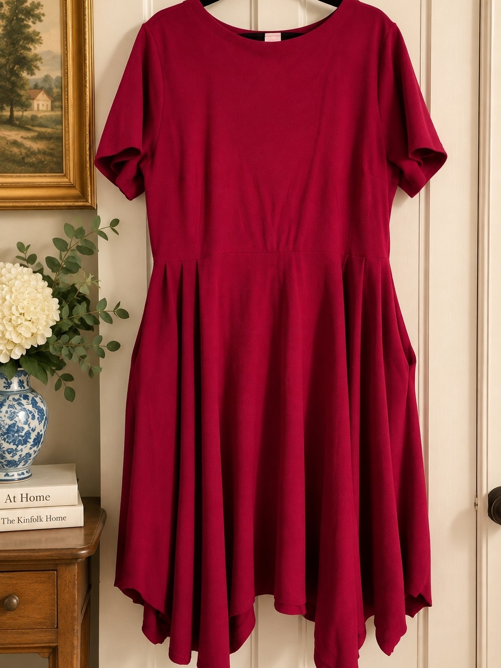 Avenue Berry Short-Sleeve Fit & Flare Handkerchief Hem Dress